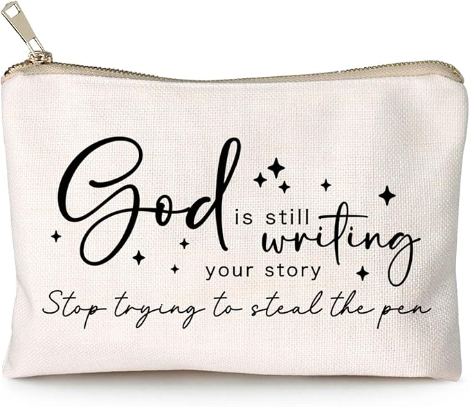 HubbgDesign God is Still Writing Your Story Travel Bag Funny Christian Women of the Bible Makeup Bag Bible Quote Christian Quotes Scripture Makeup Pouch Linen Cotton Bag