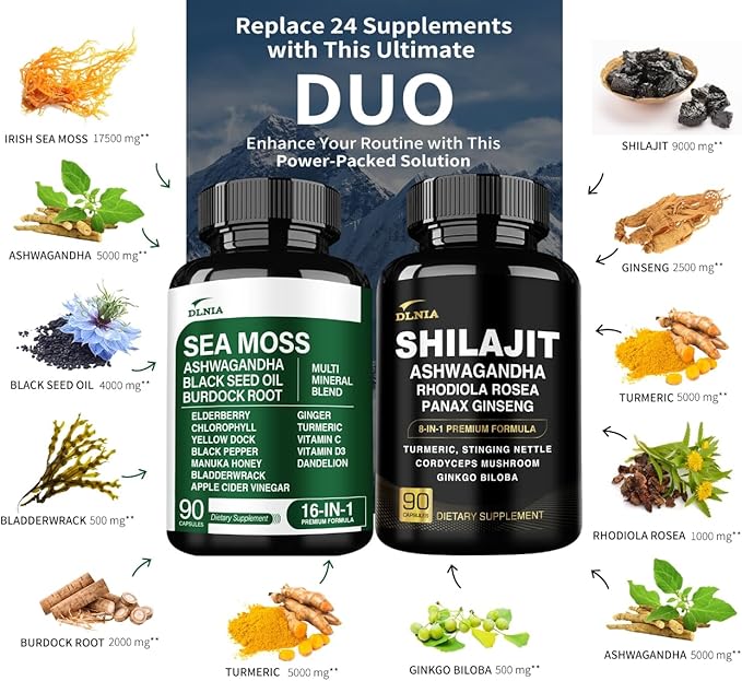 DLNIA Sea Moss & Shilajit Bundle – 270 Capsules | 90-Day Supply | Irish Sea Moss, 75% Fulvic Acid Himalayan Shilajit, Black Seed Oil, KSM-66® Ashwagandha, Tongkat Ali, & Multi-Mineral Daily Wellness
