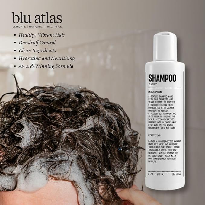 Blu Atlas Natural Shampoo for Men — Sulfate-Free for All Hair Types, 15 Ingredients, No Filler, Helps with Dandruff and Dry Scalp — Classic Scent, 8 oz
