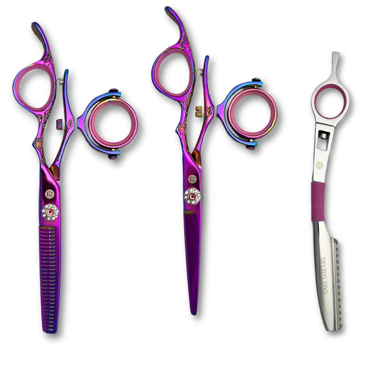 Saki Shears 6 Inch Set of Hair Cutting and Thinning Scissors With Flower Design on Handle and Finger Holes - 440C Stainless Steel - Professional Hair Cutting Set (Silver)