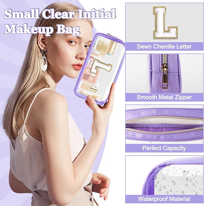 Small Clear Personalized Initial Makeup Bag,Nylon Preppy A-Z Chenille Letter Patch Cosmetic Pouch Beach Toiletry Bag,Waterproof Zip Travel Purse Storage Bag Organizer for Women Girls(Purple-White L)