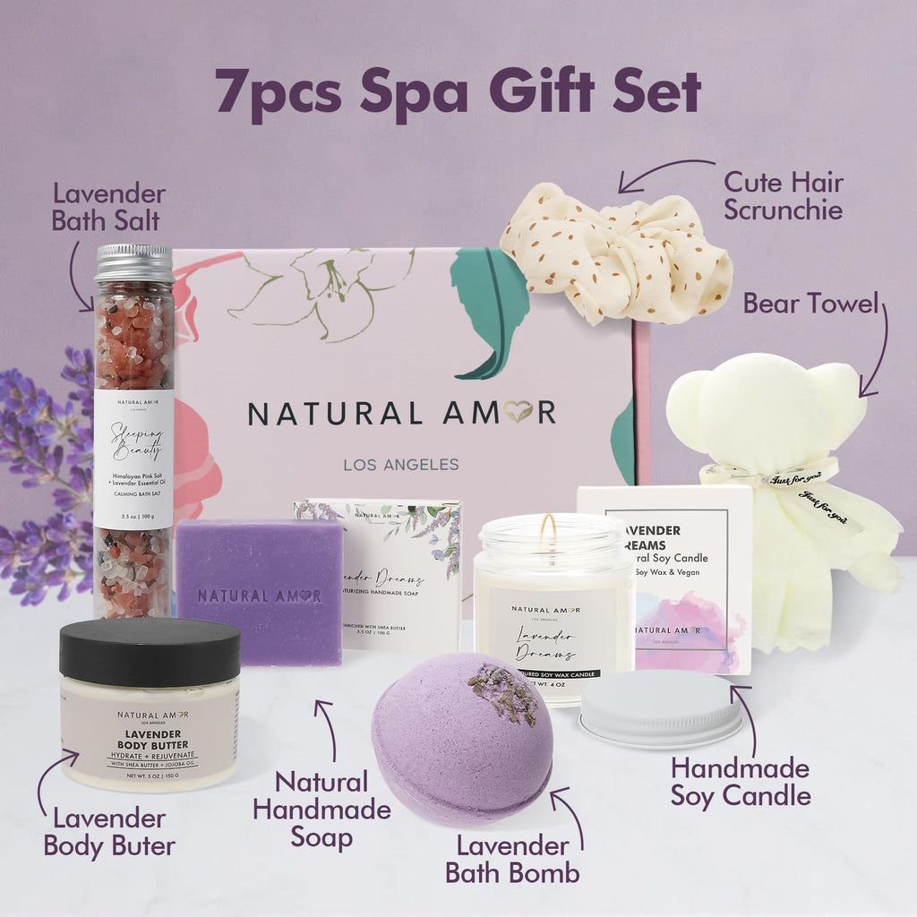 Natural Amor Lavender Spa Gifts for Women,7pcs Self Care Box Including Handmade Soap Bar, Candle, Bath Butter