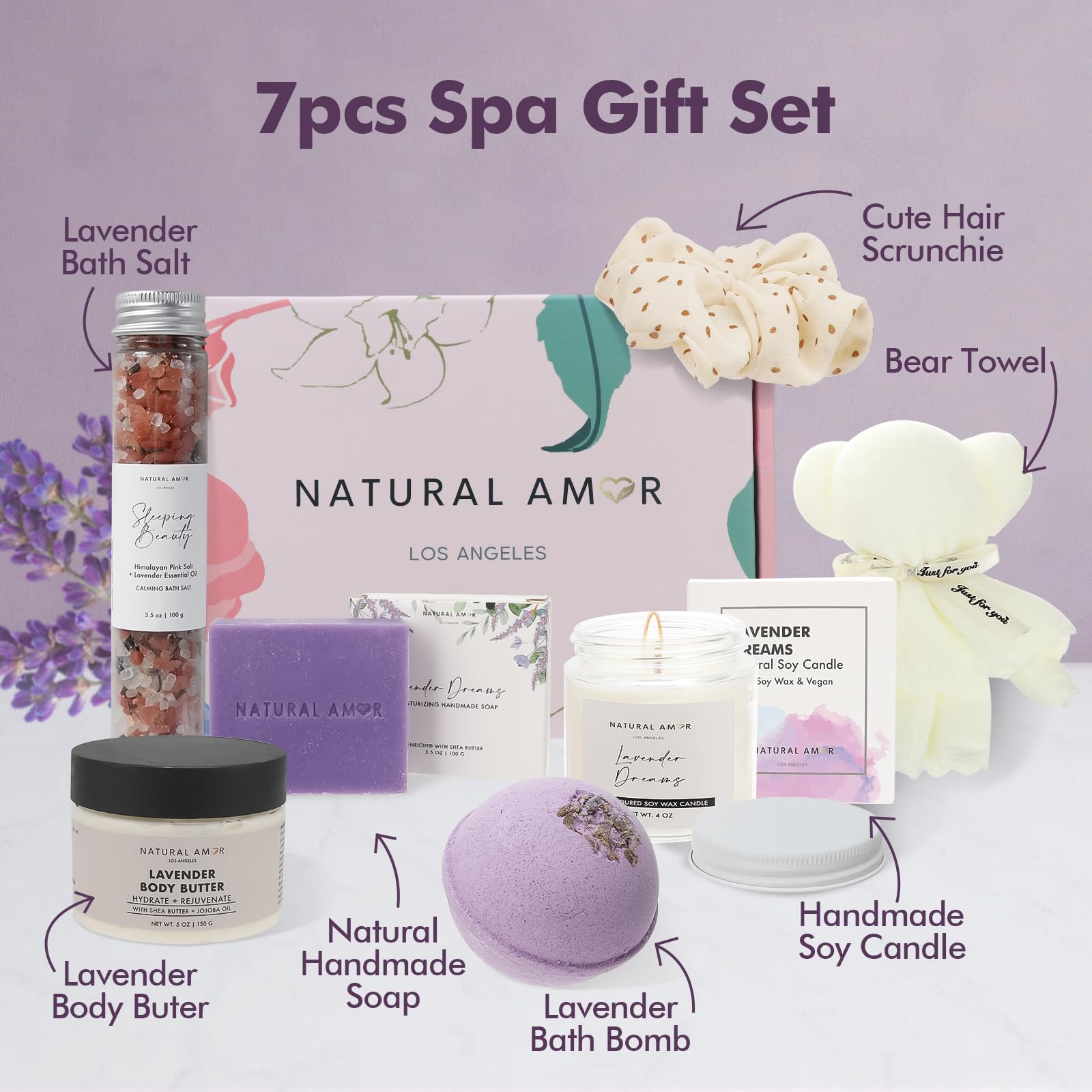 Natural Amor Lavender Spa Gifts for Women,7pcs Self Care Box Including Handmade Soap Bar, Candle, Bath Butter