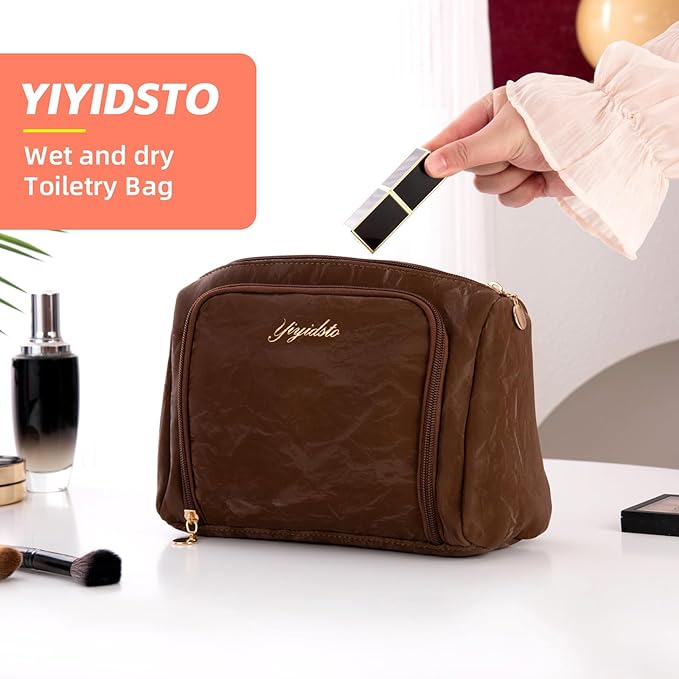 YIYIDSTO Cosmetic Bag Travel Makeup Bag Large Capacity Small Travel Zipper Pouch Makeup Organizer Bag for Women (Brown-2 Pack)