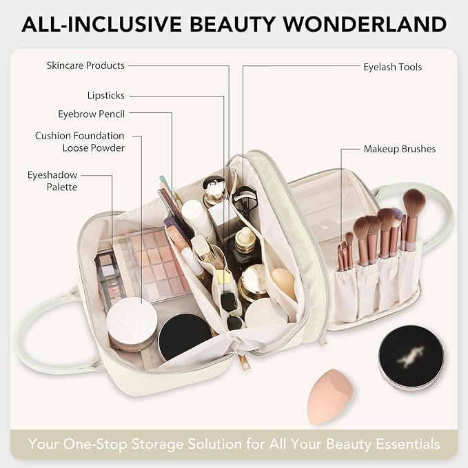 HauteHues Travel Makeup Bag for Women Stand Up Cosmetic Toiletry Case Beige