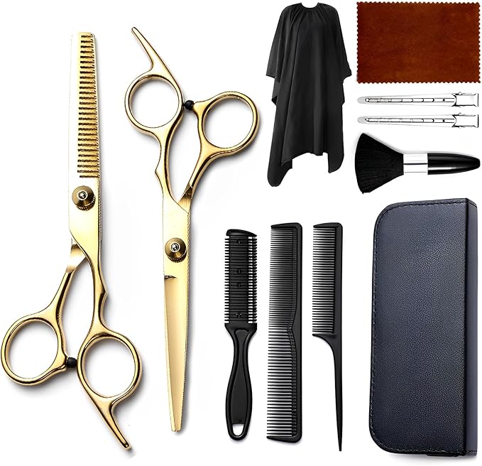 EOIFIV 11PCS Hair Cutting Scissors Kit, Professional Haircut Scissors with Stainless Steel Hair Shears, Thinning Shears, Haircut Accessories in Leather Case for Salon/Home (Gold)