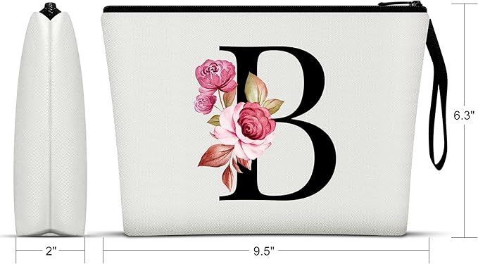 Vavabox A-Z Personalized Makeup Bag, Birthday Gifts for Women Mom, Gifts for Best Friend, Bride Bridesmaid Cosmetic bag (B, 01-White)