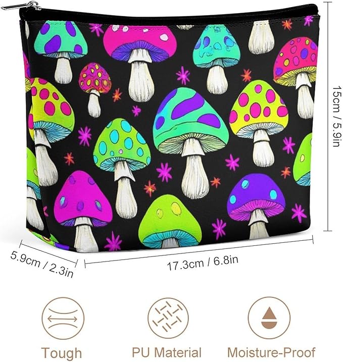 Meaudiwes Fashion Zipper Cosmetic Case, Portable Makeup Case, Personality Toiletry Bag, Travel Cosmetic Toiletry Bag Trippy Magic Neon Mushrooms
