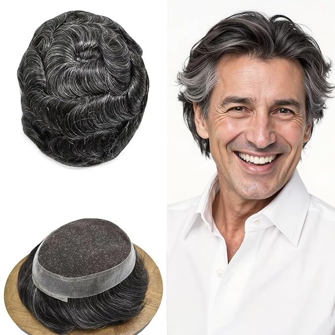 FACE MIRACLE Toupee for Men French Lace Hairpiece Human Hair Replacement System Skin PU Mens Toupee V-Looped Front Hair Piece 6"X8" #1B30 1B# OFF BLACK WITH 30% SYNTHETIC GREY-80% Light Density