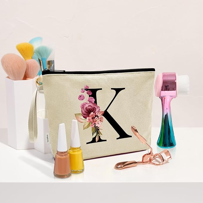 Vavabox A-Z Personalized Makeup Bag, Birthday Gifts for Women Mom, Gifts for Best Friend, Bride Bridesmaid Cosmetic bag (K, Cream Yellow)