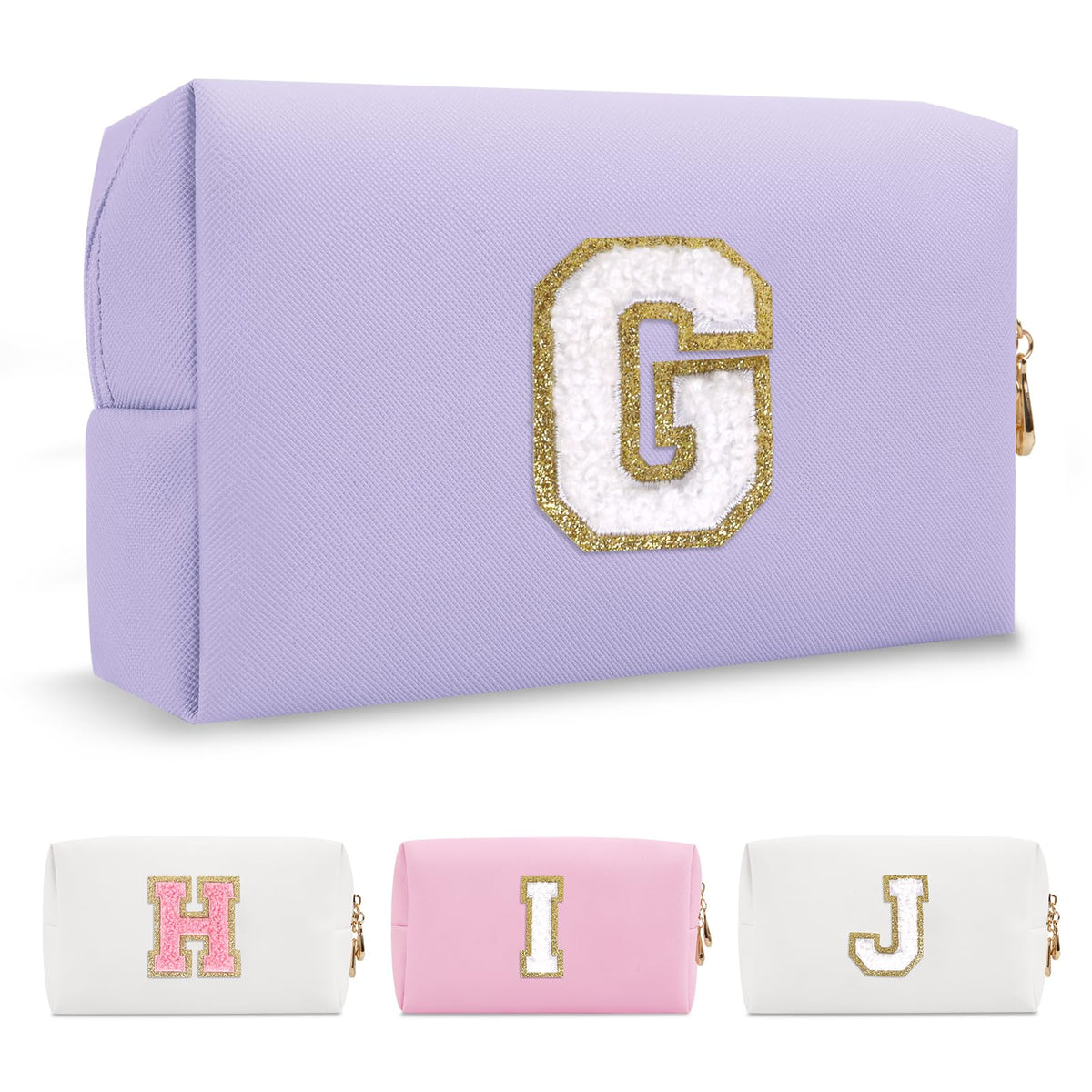 Personalized Makeup Bag Initial A-Z Preppy Patch Bag,Small PU Leather Travel Cosmetic Bag Pouch with Zipper,White Cute Toiletry Bag,Gift Ideal for Teen Girls Women Birthday Friend Mom,Letter G