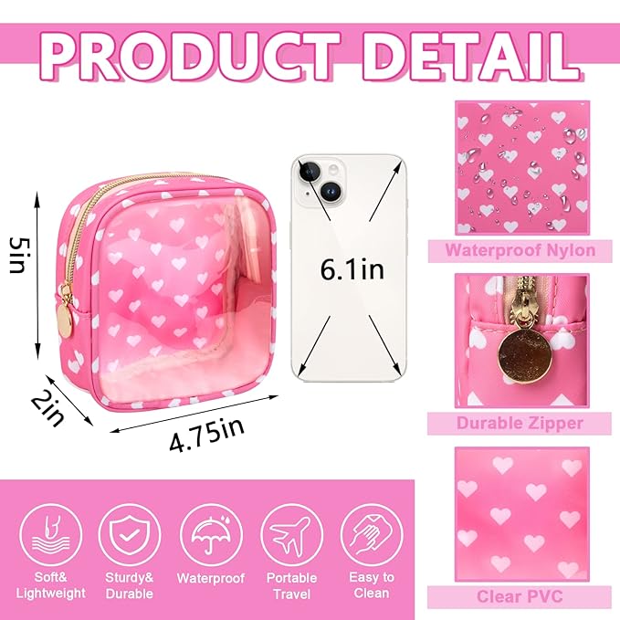 UIXIZQ Clear Mini Makeup Bag for Purse, Small Nylon&PVC Cosmetic Travel Bag TSA Approved Toiletry Bag with Zipper, Preppy Transparent Makeup Travel Bag Coin Purse for Women Men Girls(Mini-Pink Heart)