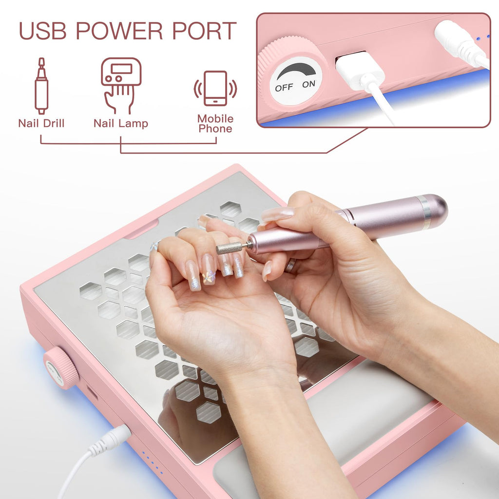 Madenia Powerful Nail Dust Collector - Brushless Quiet Vacuum Suction Fan Extractor with Hand Pillow 2 Filters 1 Brush, Nail Dust Cleaner Machine for Acrylic Gel Nail Polishing Nail Tech Use, Pink