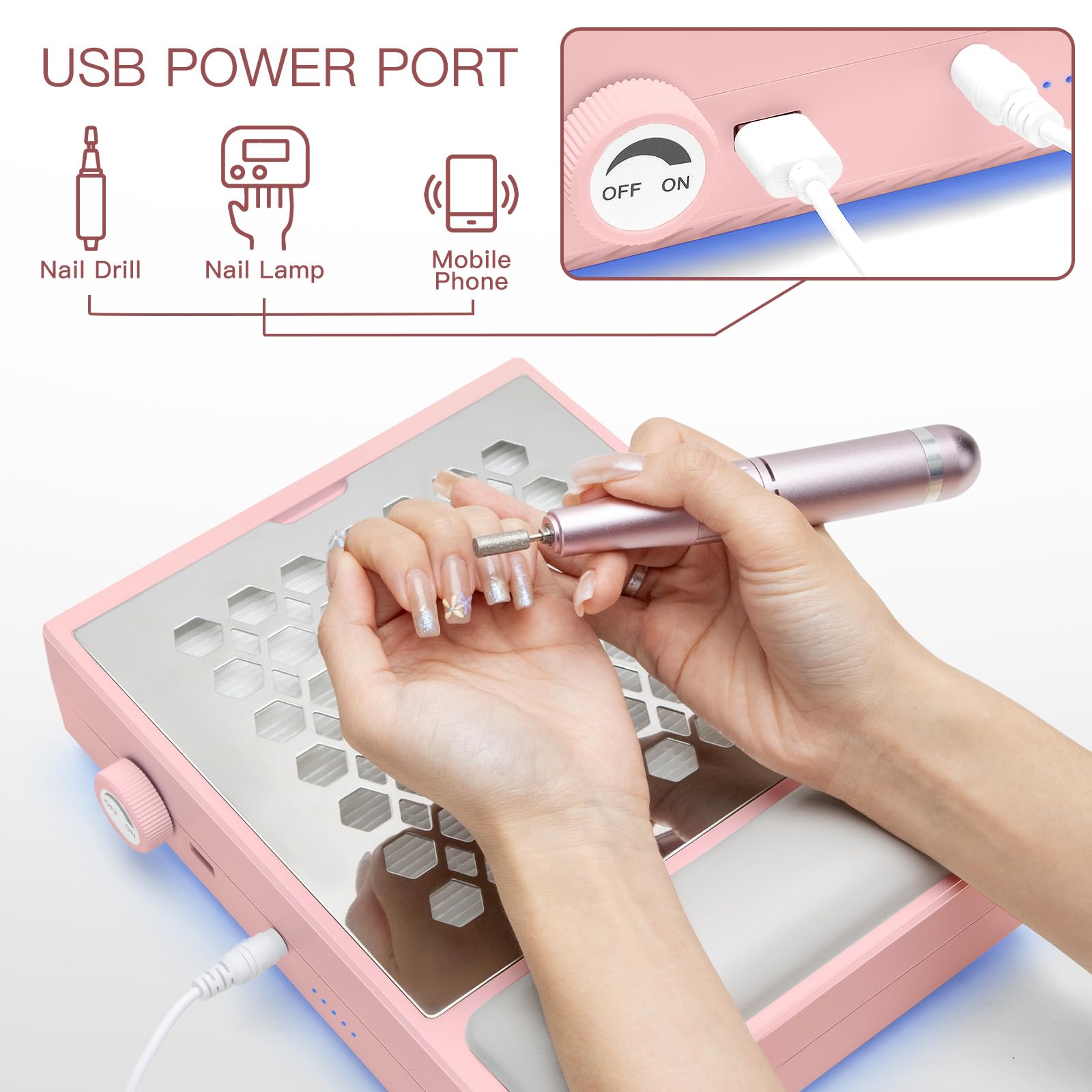 Madenia Powerful Nail Dust Collector - Brushless Quiet Vacuum Suction Fan Extractor with Hand Pillow 2 Filters 1 Brush, Nail Dust Cleaner Machine for Acrylic Gel Nail Polishing Nail Tech Use, Pink