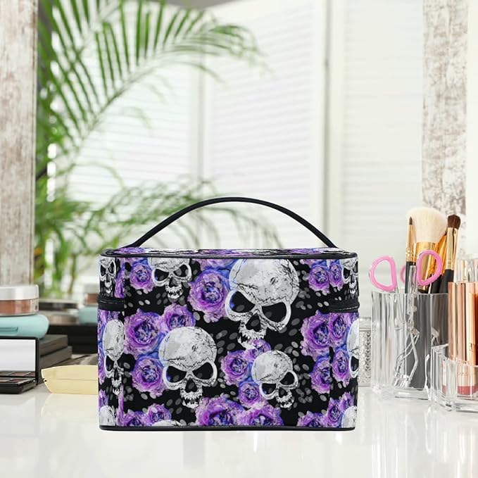 MNSRUU Skull Makeup Bag Purple, Flowers and Skull Gothic Makeup Organizer Bags Toiletry Bag Box Travel Cosmetic Bag Make Up Train Case for Women Teen Girl Ladies