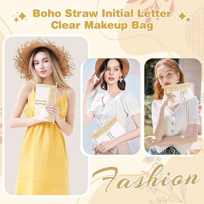 UIXIZQ Personalized Initial Letter Bag Boho Straw Clear Makeup Bag,Small Cute Chenille Varsity Letter Pouch With Zipper,Beach Travel Toiletry,Portable Monogrammed Cosmetic Bag for Women Girls,I