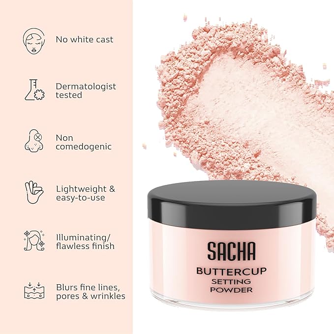 Sacha Buttercup Rosé Setting Powder – All Skin Tones Translucent Loose Face Powder, Flashback-Resistant, Oil Control, Long-Wear Matte Finish (1.75 oz)