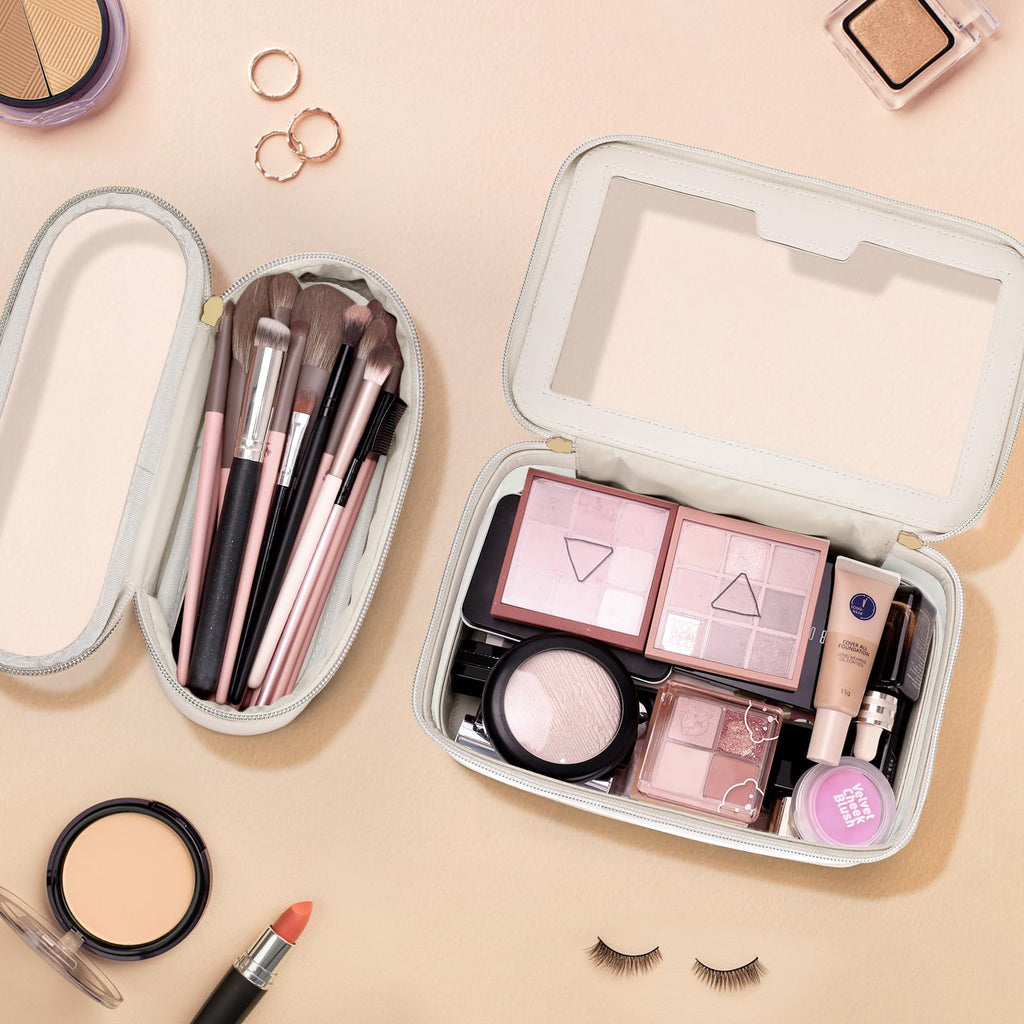 Soimeat Travel Clear Makeup Bag with Makeup Brush Bag, Leather Makeup Case Toiletry Bag, Portable Cosmetic Bag Case, Transparent Waterproof Cosmetic Organizer Storage Bag for Women, Medium, Off-White