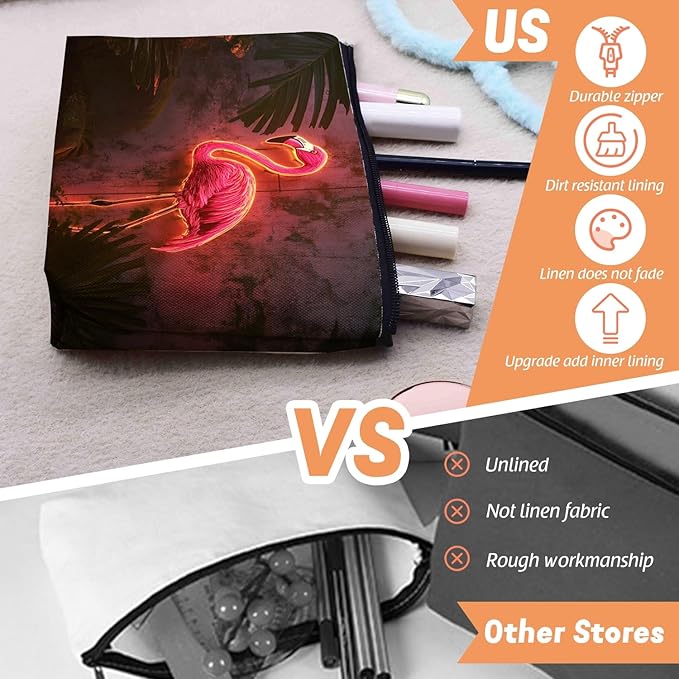 Scribesense Cosmetic Bags Travel Makeup Toilet Case Waterproof Pouch for Women Girls 6.7X9.45inches - Pink Flamingo With Neon Lighting