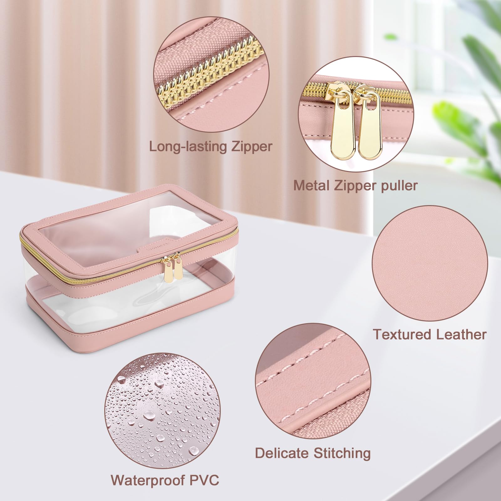 Soimeat Travel Clear Makeup Bag with Makeup Brush Bag, Leather Makeup Case Toiletry Bag, Portable Cosmetic Bag Case, Transparent Waterproof Cosmetic Organizer Storage Bag for Women, Pink