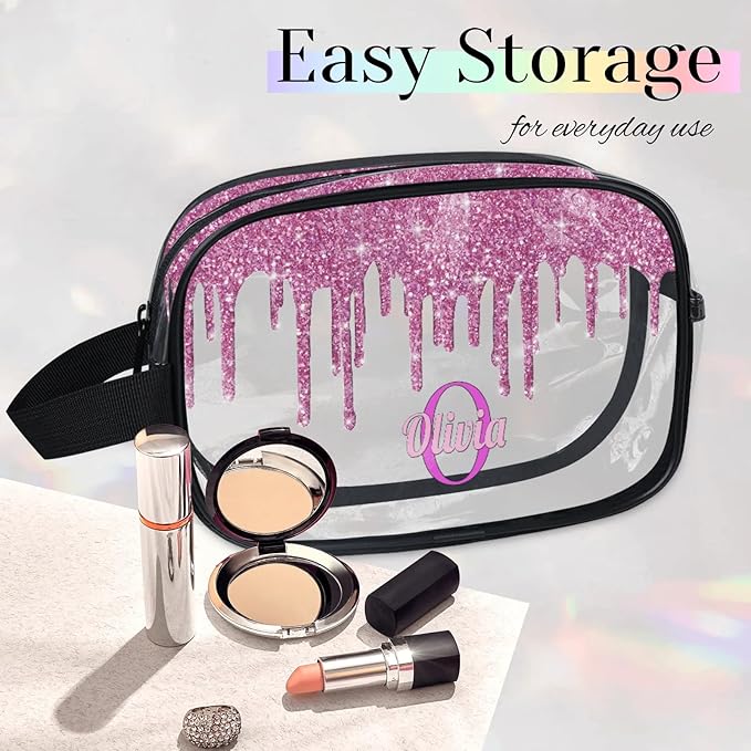 KFNHN Personalized Transparent Travel Cosmetic Bag Waterproof Makeup Bags, Custom Name Clear Organizer Case Toiletries Container Bag, Orchid Pink Water Fluid Shape Shiny Glitters