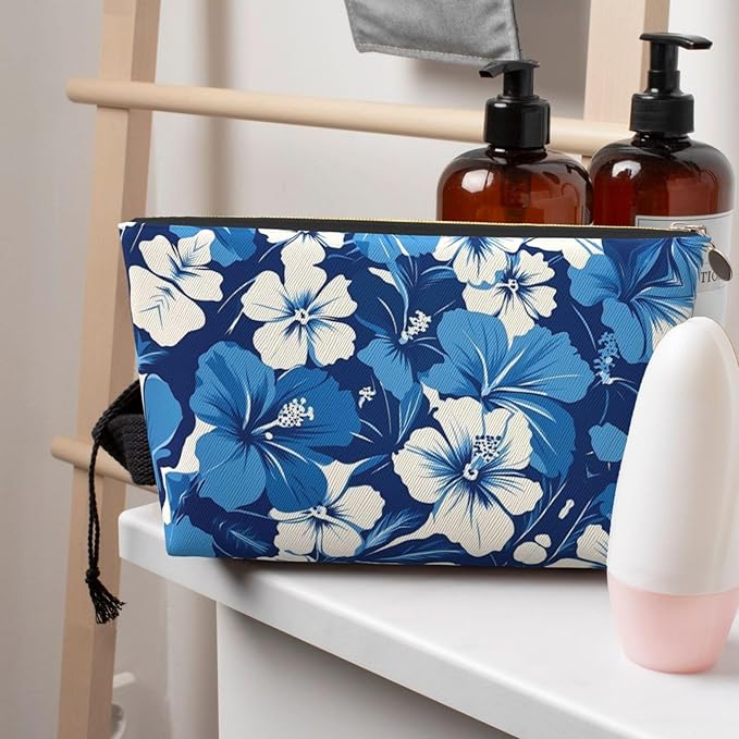 Dultua Mothers Day Gifts Makeup Bag Purse Cosmetic Bag Travel Toiletry Leather Make Up Bags for Mom Wife Women Daughter Blue Hibiscus