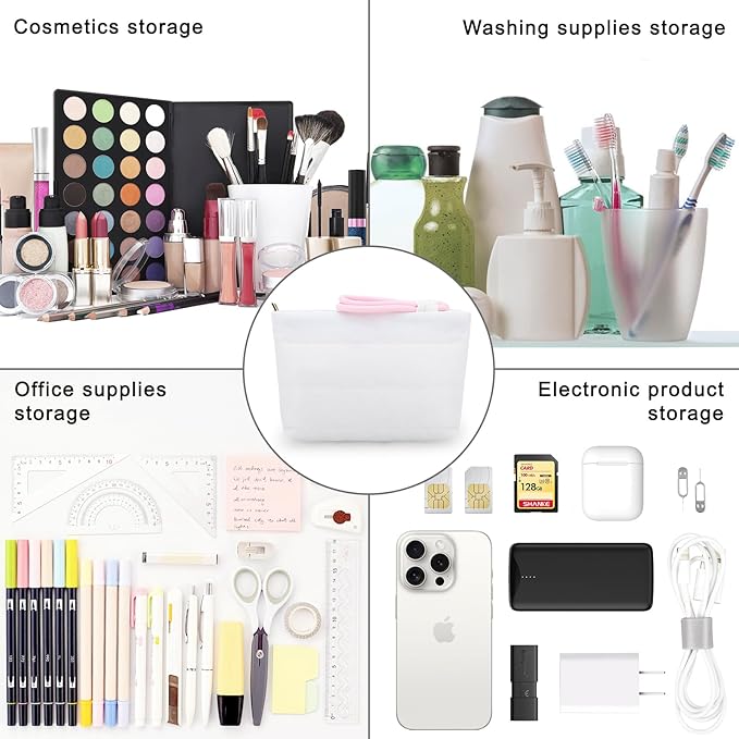 DOB SECHS Quilted Makeup Bag with Handle Detachable Cute Striped Puffy Cotton Cosmetic Bag for Women, Small Puffer Toiletry Zipper Make Up Pouch Clutch Bag Travel Organizer Storage Pouches Case, White