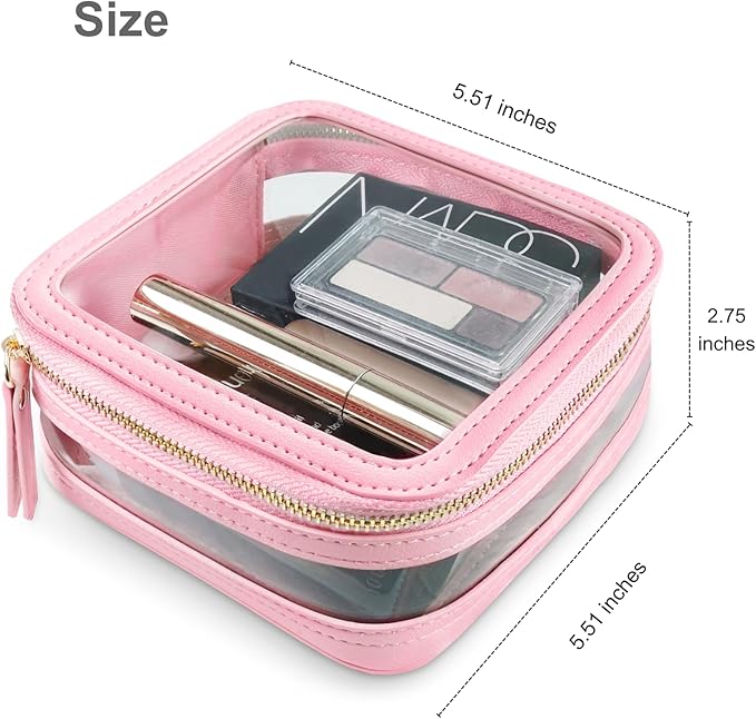 Yeeits Clear Makeup Bag Travel Size Toiletry Bag Organizer Case Quality PU Leather Transparent Small Cosmetic Bag Car Bag for Essentials with Durable Zipper (Pink)