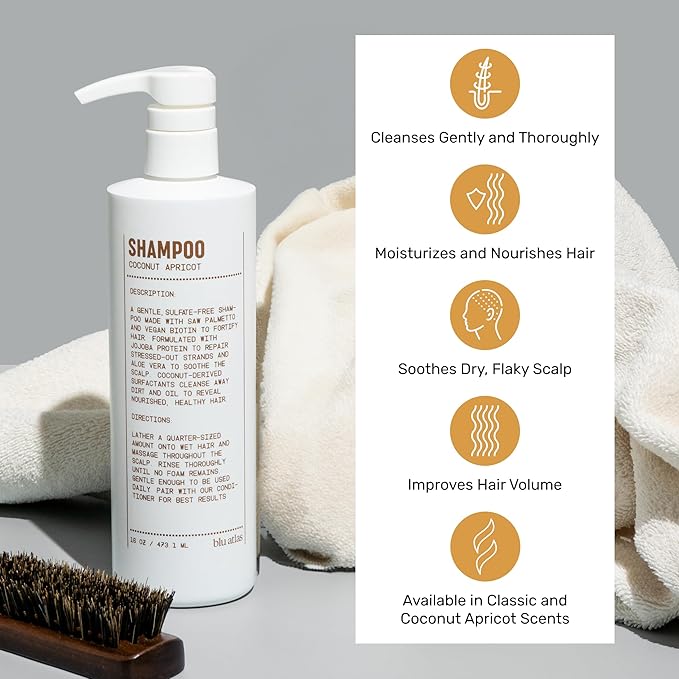 Blu Atlas Natural Shampoo for Men — Sulfate-Free for All Hair Types, 15 Ingredients, No Filler, Helps with Dandruff and Dry Scalp — Coconut Apricot Scent, 16 oz