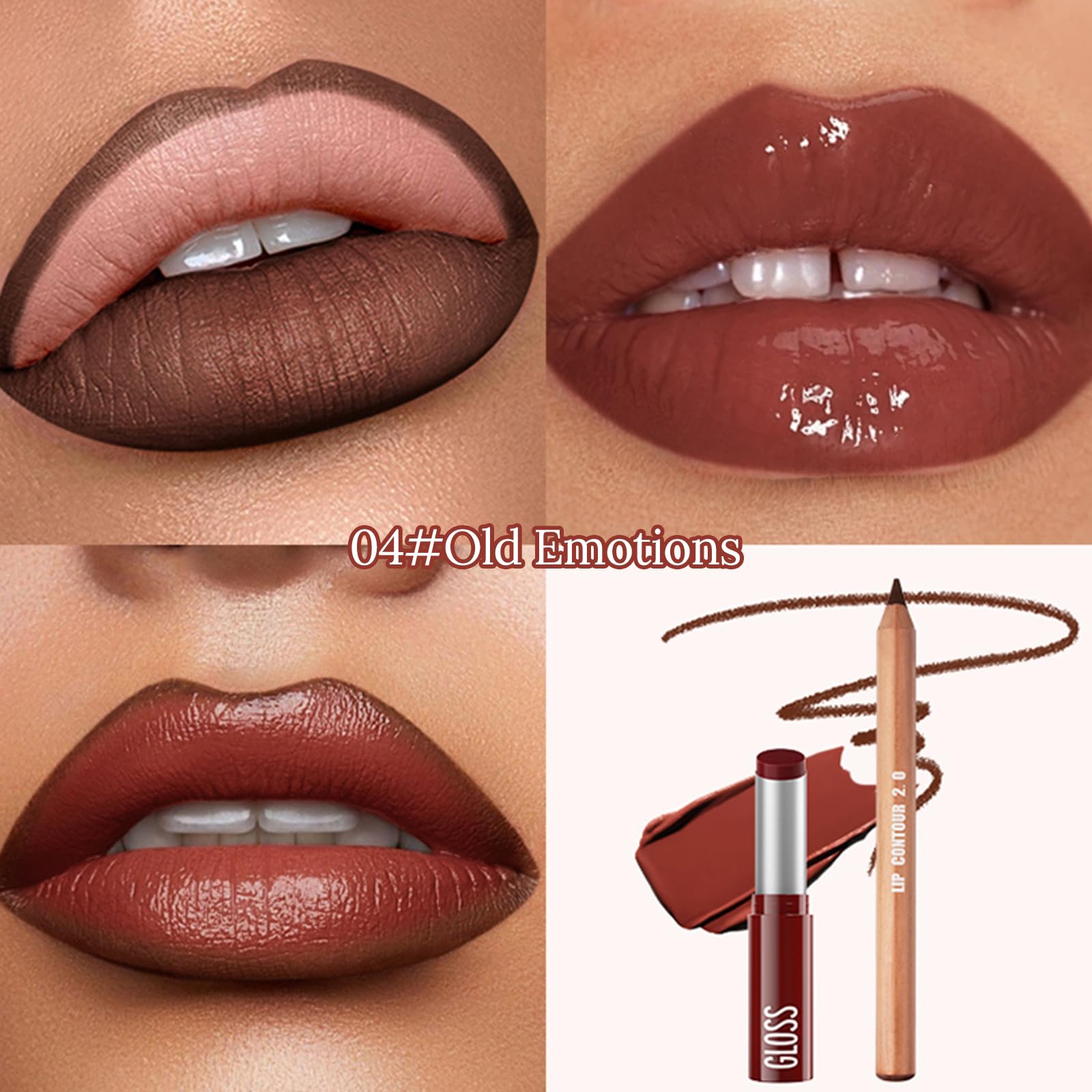 Erinde 2pcs Lip Liner and Lipstick Combo Set, Matte Lipliner Pencil & Hydrating Lip Gloss Makeup Kits for Women, Waterproof, Long Lasting, Highly Pigmented, Nude Brown Natural Lipstick, 04