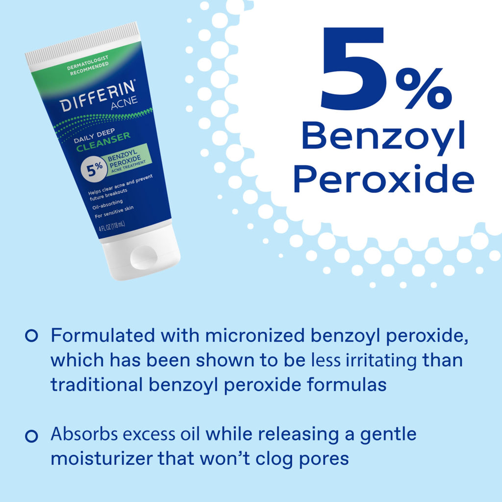 Differin Acne Face Wash, 5% Benzoyl Peroxide Daily Cleanser, 4oz