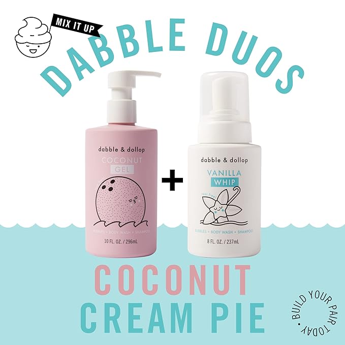 Dabble & Dollop Coconut + Vanilla Kids 3-in-1 Body Wash, Shampoo & Bubble Bath Bundle – Gel + Foam Whip Set, Tear-Free, Gentle, Natural-Origin, Hypoallergenic and Safe for Sensitive Skin (Pack of 2)