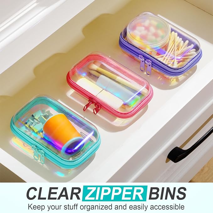 Hoolerry 3 Pcs Clear Hard Zipper Case Hard Plastic Zipper Pouch Makeup Bag Portable Travel Organizer for Cosmetics, Office Supplies, Documents & Toiletries(Laser,Xs)
