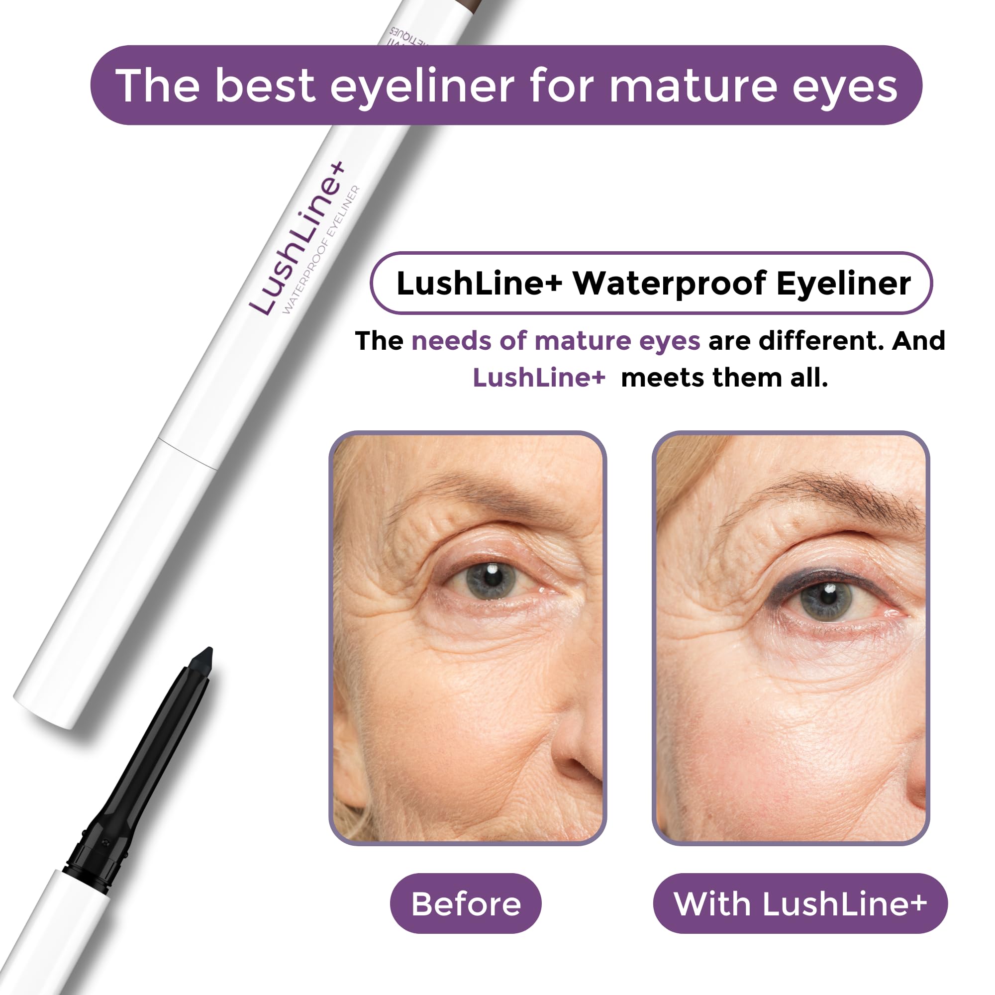 Rumi Cosmetiques LushLine+ Waterproof Eyeliner Pencil For Mature Women - Smudge Proof, Long-Lasting, Non Toxic, Soft Glide - Safe For Sensitive Eyes (Natural Grey)