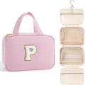 TOPEAST Hanging Toiletry Bag for Women - Travel Initial Toiletry Bag, Portable Toiletries Makeup Pouch, Airplane Travel Essentials - Letter P, Pink