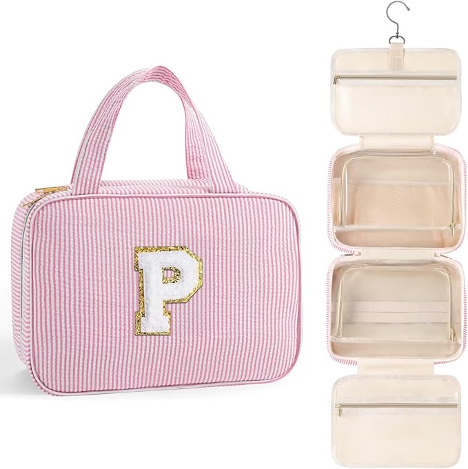 TOPEAST Hanging Toiletry Bag for Women - Travel Initial Toiletry Bag, Portable Toiletries Makeup Pouch, Airplane Travel Essentials - Letter P, Pink