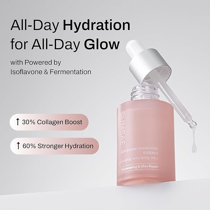 SUMSAE Isoflavone Hydrating Essence for Face - Deep Hydration, Skin Firming, 24hr Skin Barrier Support, Healthy Glow Korean Skin Care with Fermented Bean, 30ml/1.01 fl.oz