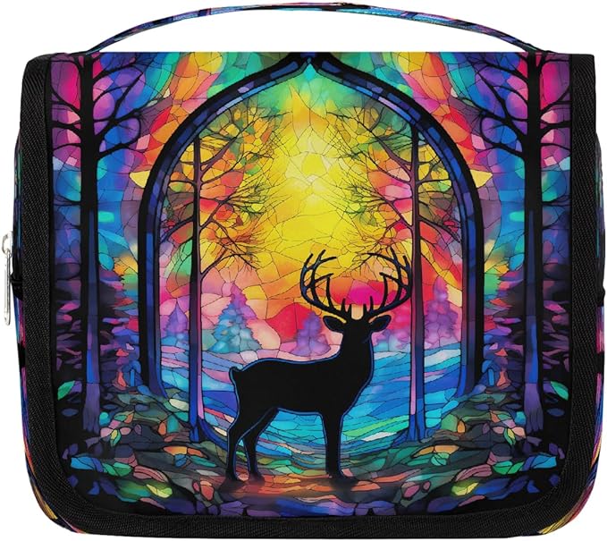 YoYoYuchong Travel Toiletry Bag for Women & Men Animal Colorful Deer Hanging Cosmetic Organizer Portable Waterproof Makeup Case Make Up Bag with Compartments Travel Essentials for Bathroom Shower