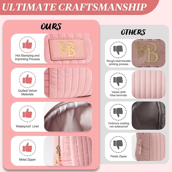 BagUrshion Monogrammed Make Up Bags for Women,Personalized Cosmetic Bags Women,Small Quilted Makeup Pouch,Cute Makeup Bag Travel,Birthday Gifts for Teen Girl (Pink B)