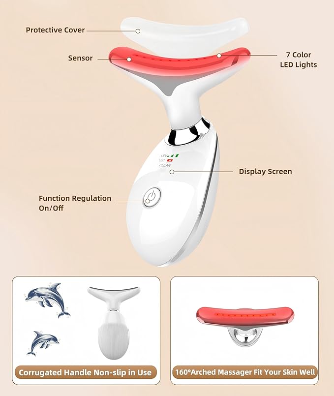 Jobazok 7 Color Face and Neck Massager Light Therapy, Red Light Based Facial Massager for Skin Care, Smoothing, Firming (White)