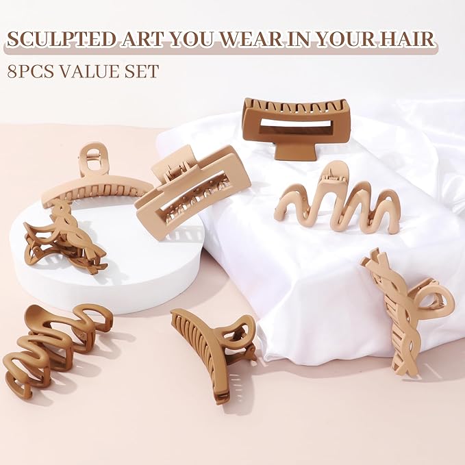 Matte Non-Slip Large Hair Clips for Women 8PCS (4 Beige+4 Khaki)