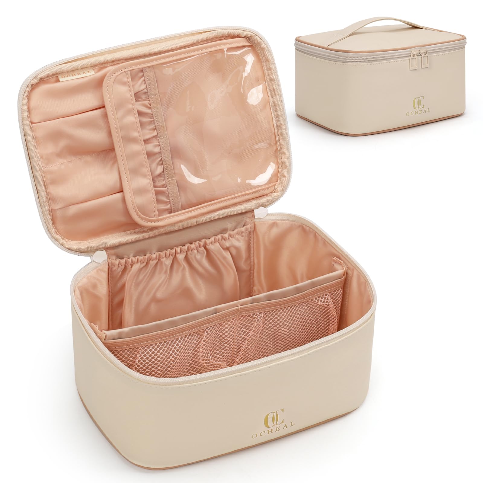 OCHEAL Beige Makeup Bag,Travel Makeup Organizer Bag, Large Capacity Cosmetic Bags For Women Large Travel Toiletry Bag Girls Traveling With Brush Slot And Divider-White