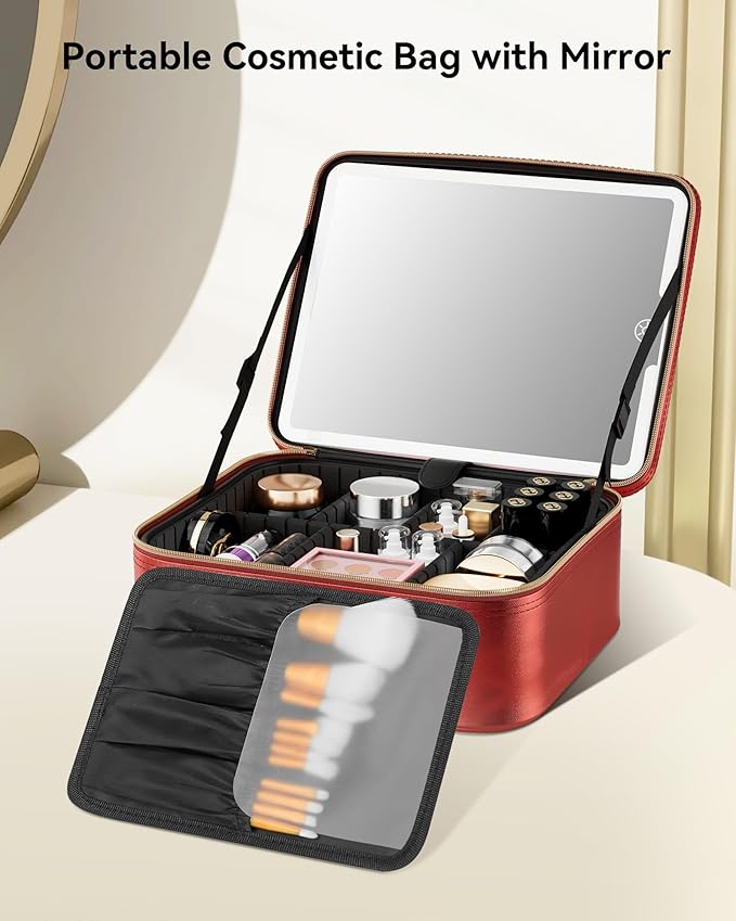 JUSRON Portable Makeup Artist Organizer Bag with Adjustable Dividers, Makeup Brush Holder Storage (Red, Medium)
