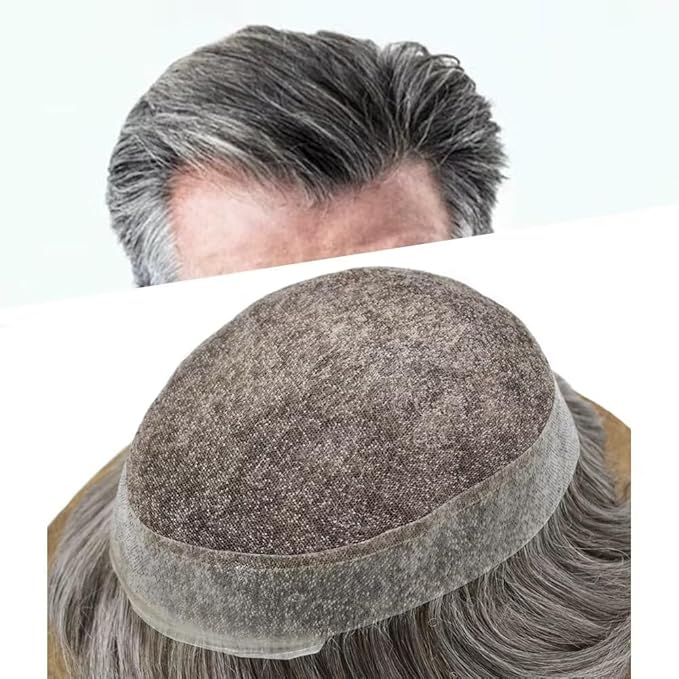 F M FACE MIRACLE NEW YORK Mens Toupee Human Hair Piece French Lace Toupee for Man Hair System Indian Human Hair Replacement Systems V-Looped PU Front Hairpieces 7"X9" #365 Dark Brown with 65% Gray