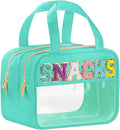 BuyCard Chenille Letter Clear Makeup Bags, Snacks Bag for Travel, Preppy Patch Nylon Cosmetic Bag with Handles and Zipper, Waterproof Large Clear Travel Toiletry Bag Storage Bag for Women Green