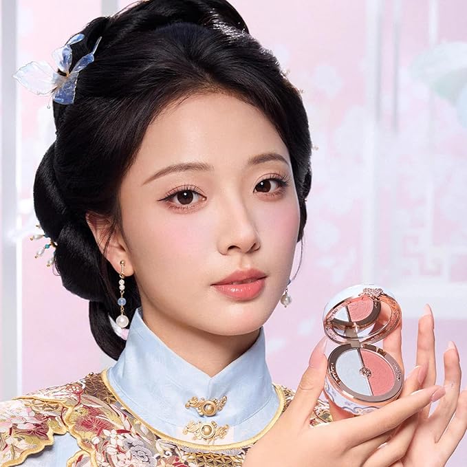 Flower Knows Butterfly Cloud Collar Rouge Box Highlighting & Blush Duo Powder,Blue+Pink Two Tone Matte Blush for Cheeks Bulidable & Blendable Palette,0.21 Oz(02 Seaborne Moon)