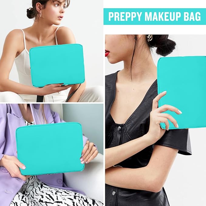 Nylon Large Makeup Bag Travel Pouch for Women, Preppy Big Makeup Bag Cute Cosmetic Zipper Pouch Purse, DIY Chenille Letter Bag Waterproof Toiletry Bag Clutch Make Up Organizer for Women Girls(Mint)