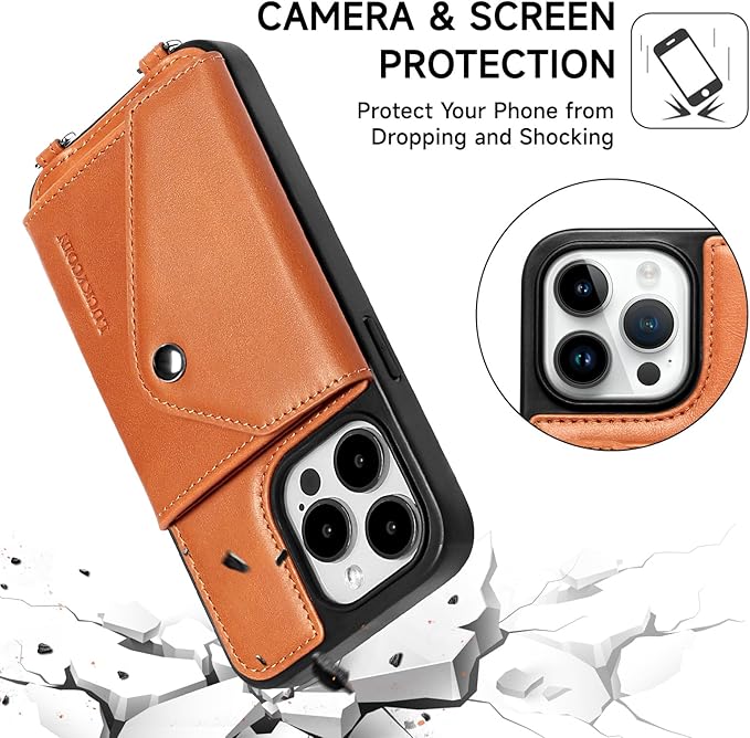 LUCKYCOIN Crossbody Phone Case for iPhone 14 Pro,100% Genuine Leather Phone Wallet Case for Women, Premium Hands-Free Phone Purse with Expandable Flip Card Holder & Adjustable Strap - Retro Brown
