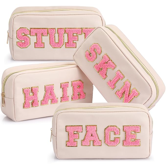 Remerry 4 Pcs Nylon Makeup Bags Waterproof Spacious Travel Cosmetic Bag for Women Chenille Letter Preppy Zipper Pouch Face Stuff Skin Hair Organizer Gift(Gentle White)
