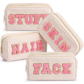 Remerry 4 Pcs Nylon Makeup Bags Waterproof Spacious Travel Cosmetic Bag for Women Chenille Letter Preppy Zipper Pouch Face Stuff Skin Hair Organizer Gift(Gentle White)